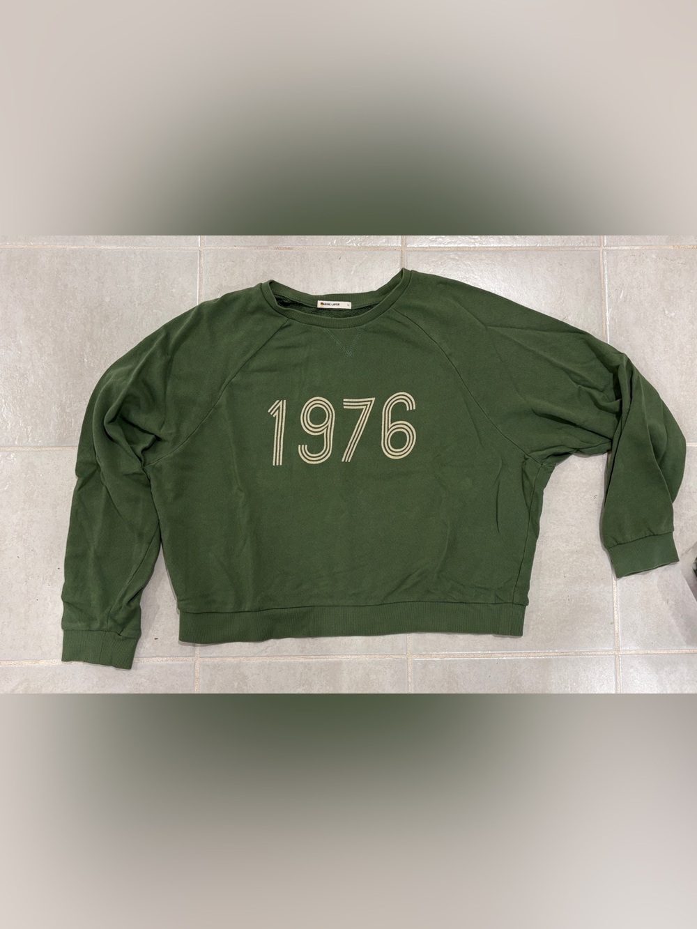 Marine Layer Olive Green "1976" Crewneck Sweatshirt cropped 100% cotton